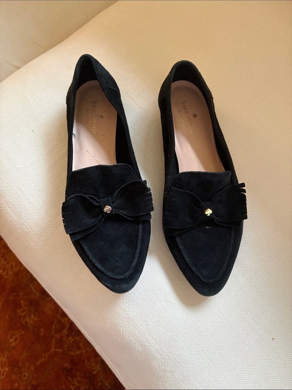 kate spade Black Suede Bow Loafers with Gold Spade Charm